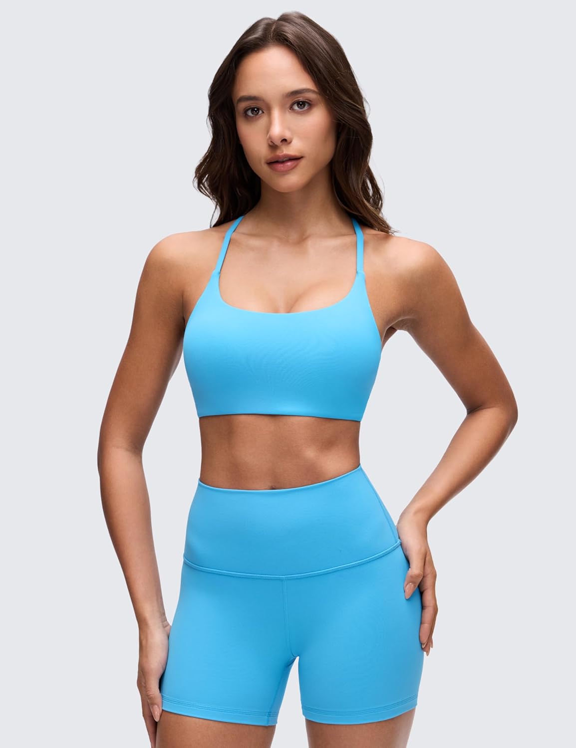 CRZ YOGA Butterluxe Twist Cross Back Sports Bras for Women - U Neck Padded Adjustable Spaghetti Straps Yoga Top