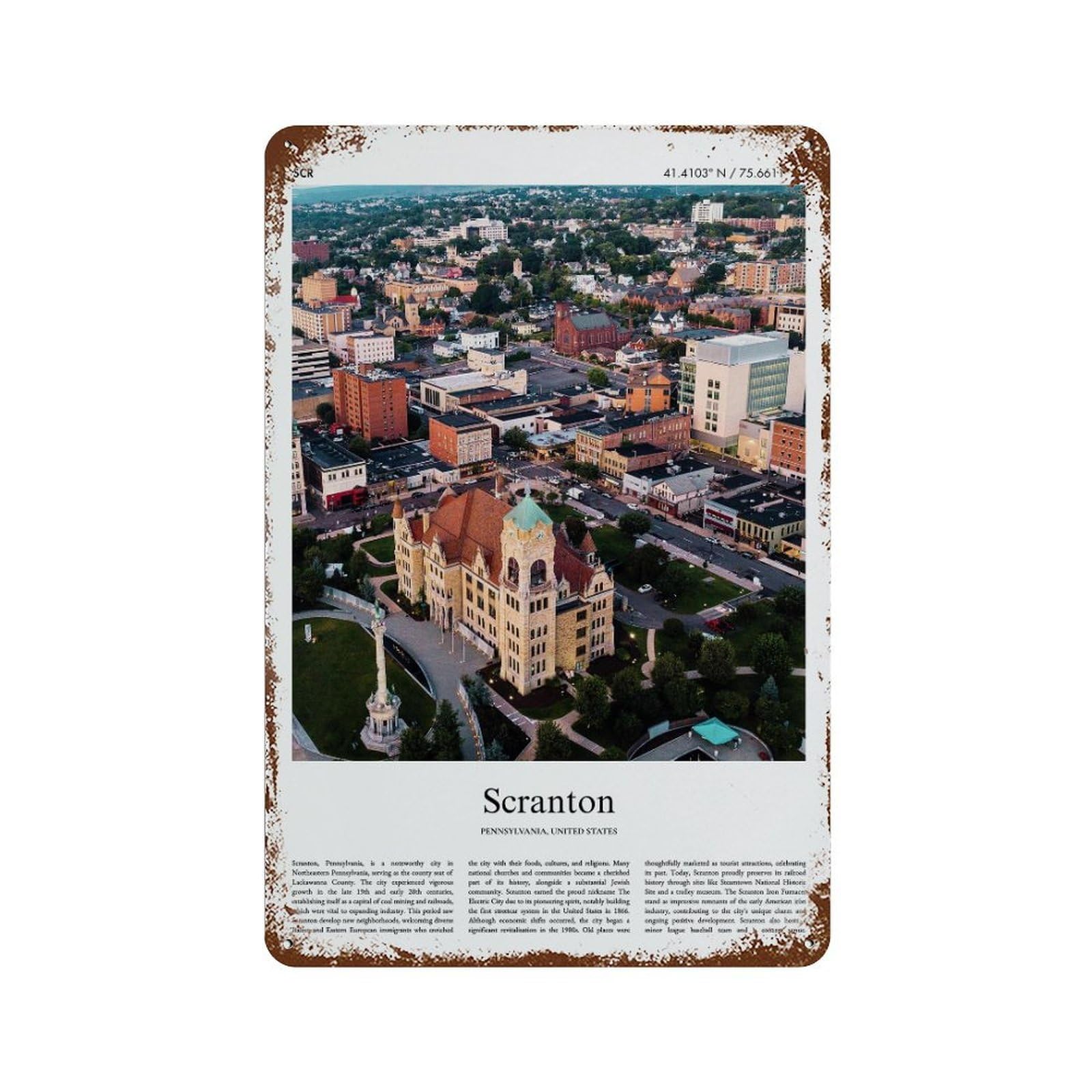 xiaoxiaoshen Scranton Pennsylvania, United States, USA City Scenery Wall Decor Art Metal Tin Poster Modern Home Decor Art Home Bar Shop Decorations Vintage Sign 30x20cm