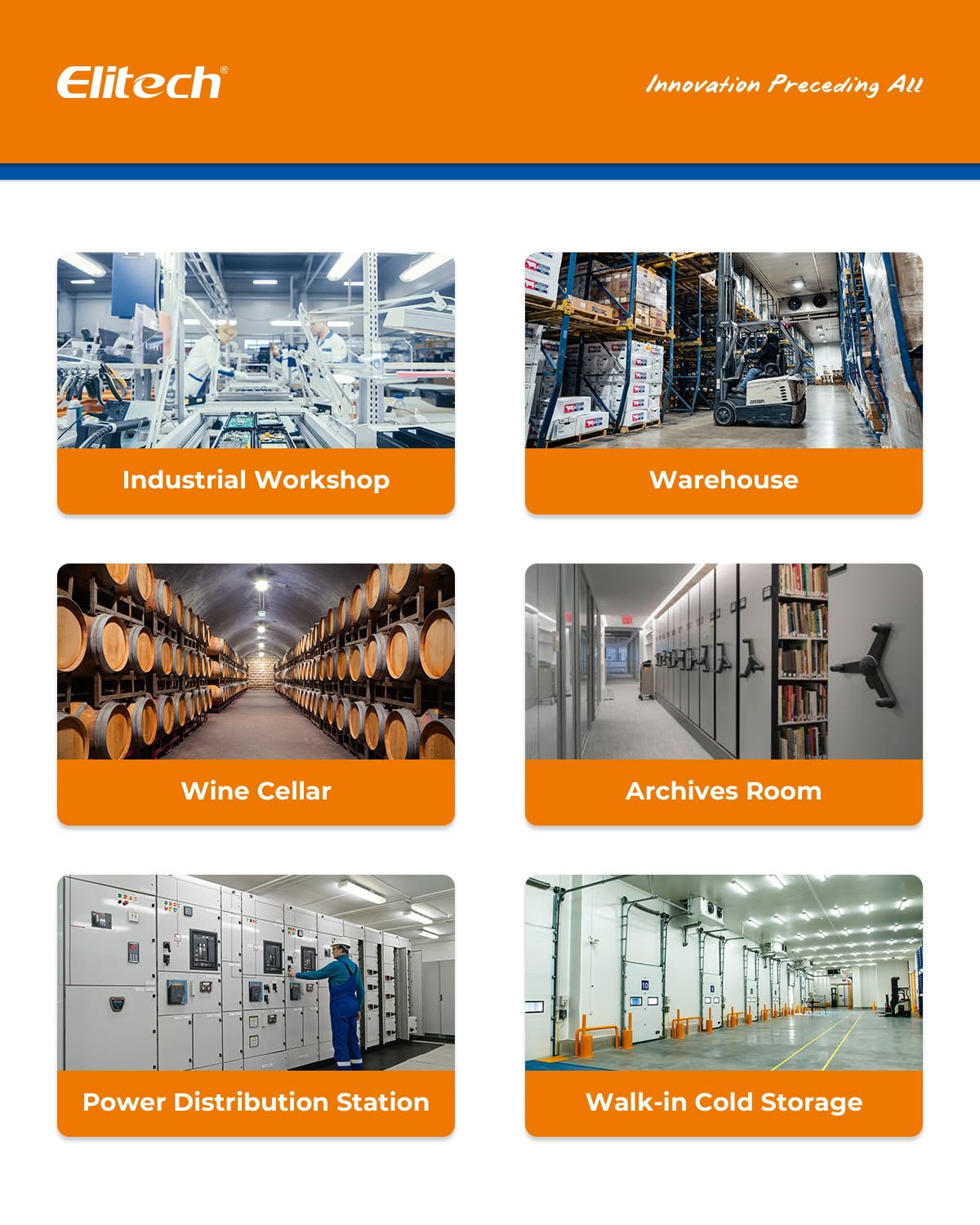 Collage of various application scenarios for the Elitech DR-230-THDE, including an industrial workshop, warehouse, wine cellar, archives room, power distribution station, and walk-in cold storage.