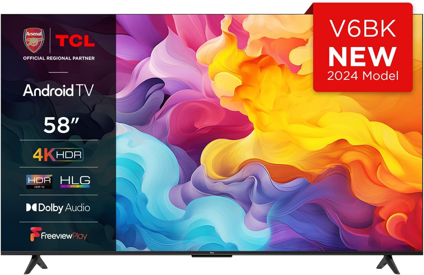 TCL 58V6BK 58-inch 4K Ultra HD, HDR TV, Smart TV Powered by Android TV (Dolby Audio, Voice Control, Compatible with Google Assistant, 2024 New Model)