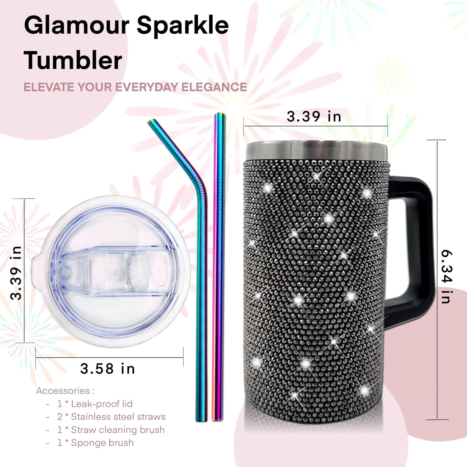 20oz Bling Tumbler With Handle Stainless Steel Rhinestone Insulated Cup with Lid and Straw Double Wall Vacuum Coffee Cup Reusable Glitter Travel Coffee Mug for Cold and Hot (Black) - Image 3
