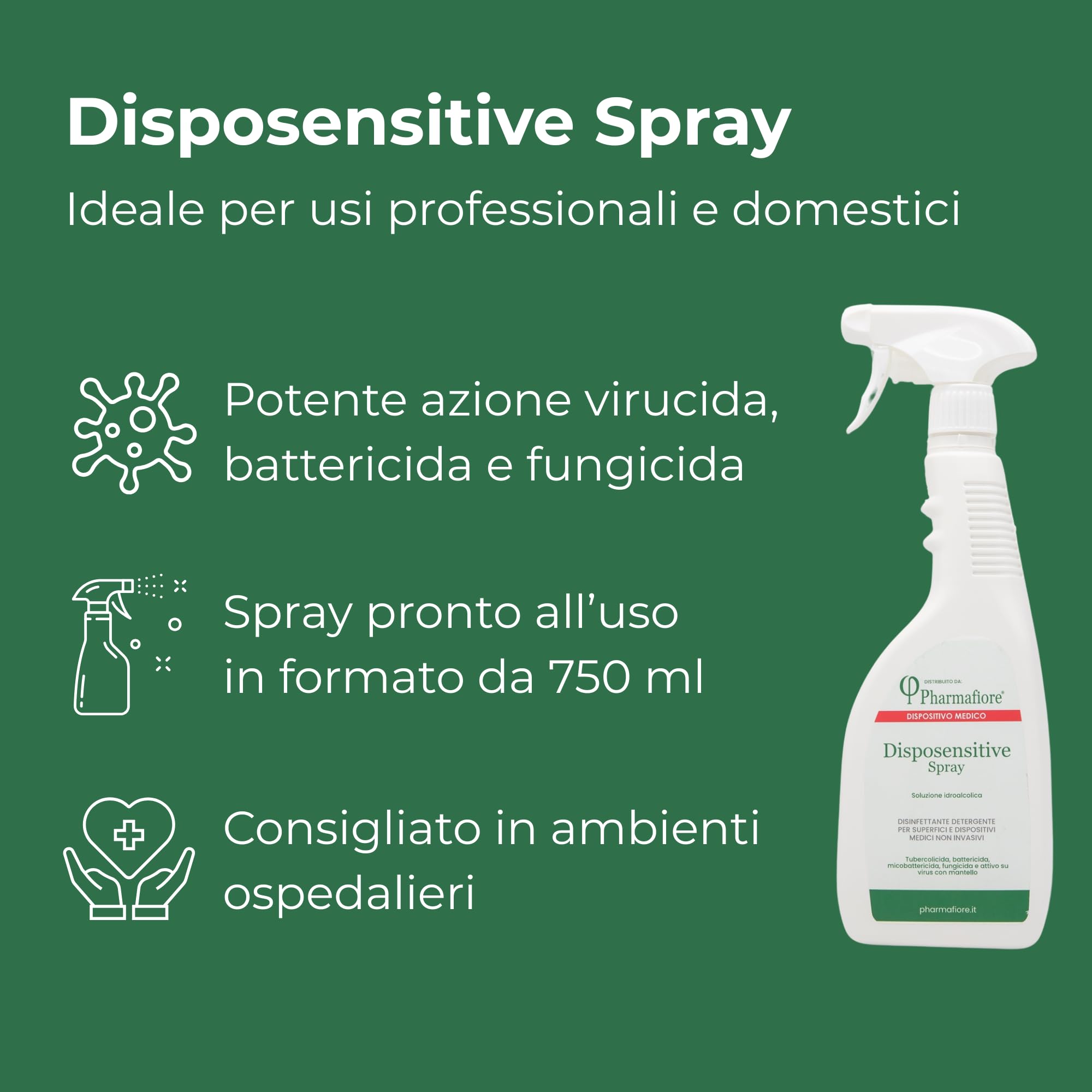Disinfettante Spray per Dispositivi Medici e Superfici ad Azione Rapida Disposensitive Spray, Pronto all’Uso, A Base di Alcool Isopropilico, Virucida, Battericida, Fungicida, Decontaminante, 750 ml