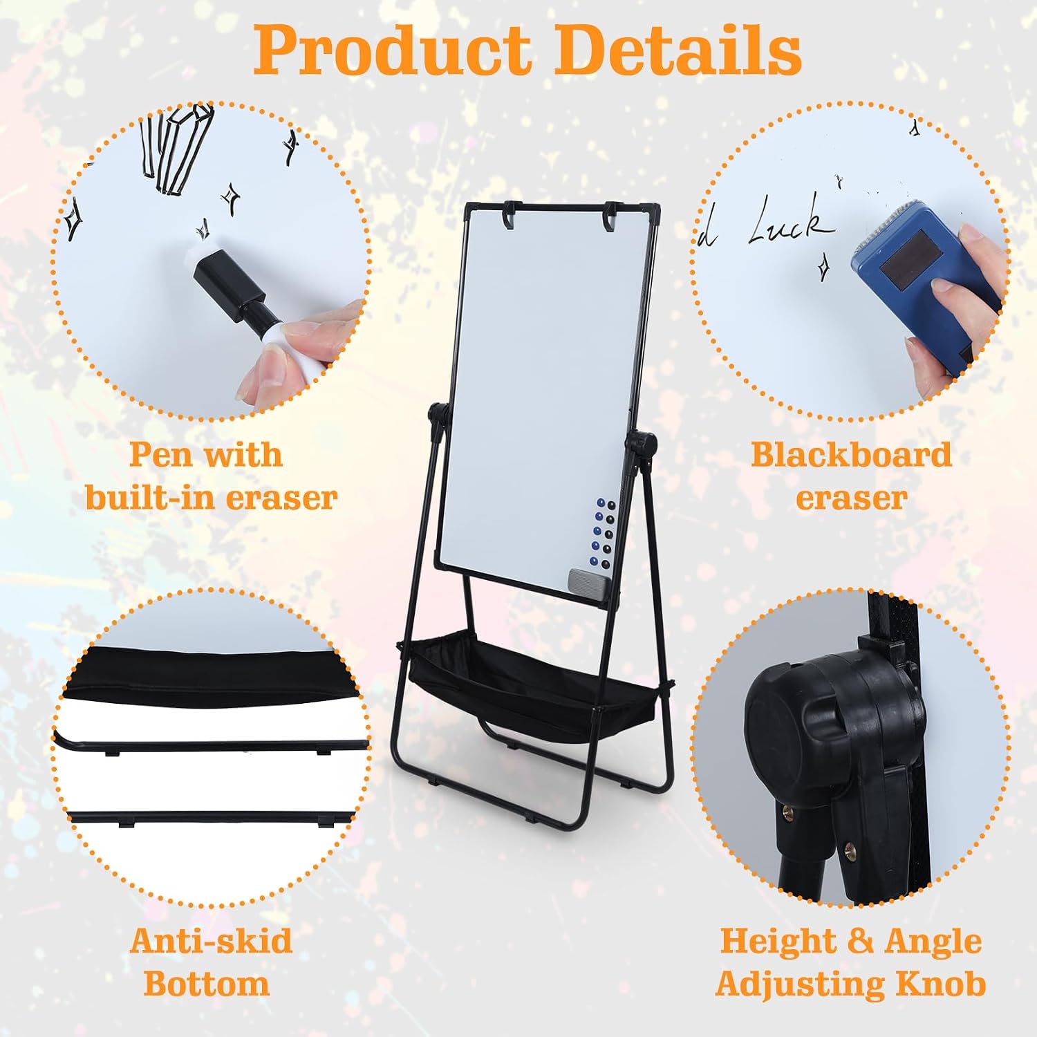 Foldable Kids Drawing Board - 60x90cm Double-Sided Whiteboard & Chalkboard, 360° Rotating Stand, Height Adjustable (Up to 66.9"), Portable Easel with Storage Bag Black 60x90cm