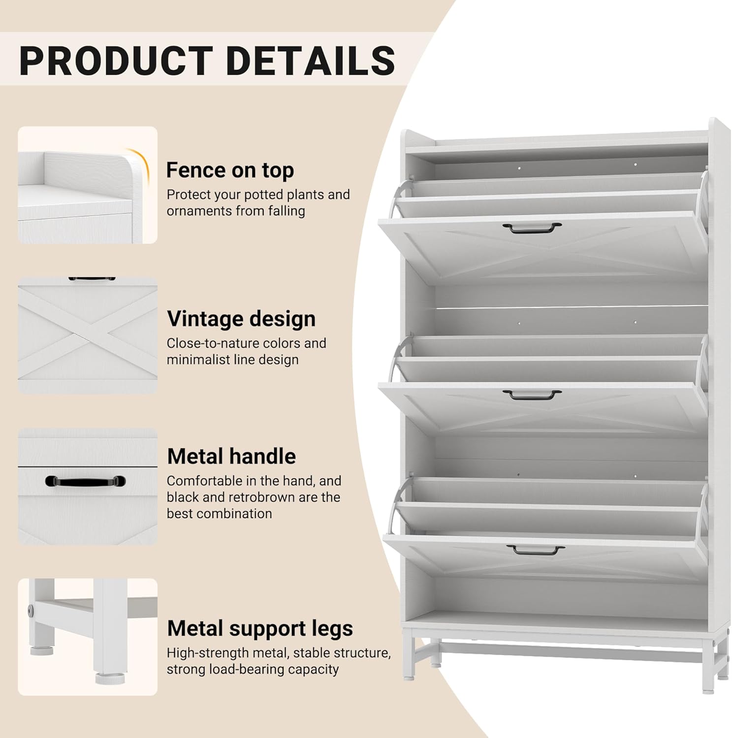Hawthyhome Tall Shoe Cabinet with 2 Flip Drawers, Slim Hallway Shoe Storage for 12-16 Pairs, Modern Shoe Cupboard with Adjustable Shelves, Metal Handles Legs, 80x24x138cm, White