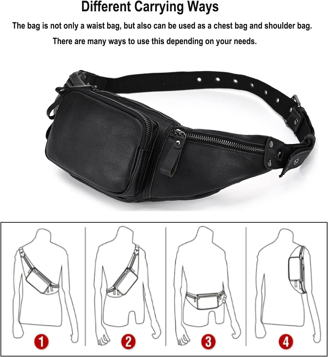 LUUFAN Leather Waist Bag for Men and Women, Outdoor Messenger Shoulder Satchel Crossbody Belt Bag with Multiple Pockets for Sport Climbing Hiking Running Travel and Daily Use (Black)