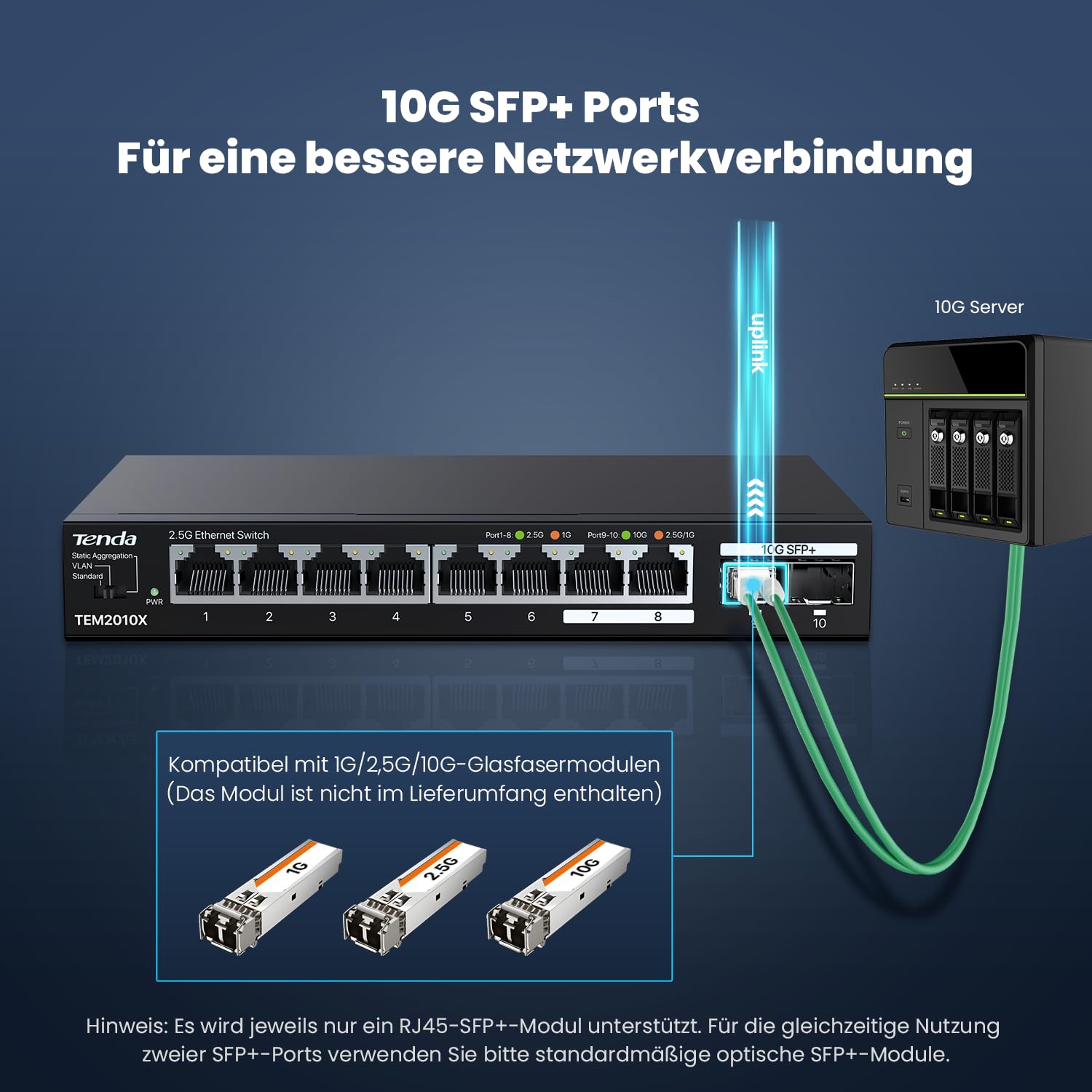 Tenda 2.5 Gbit Switch mit 8X 2.5G Ports & 2X 10G SFP+ Ports (VLAN, Statische Aggregation, Lüfterlos, Plug & Play, Desktop-/Wandmontage, Unmanaged, Metallgehäuse) (TEM2010X)