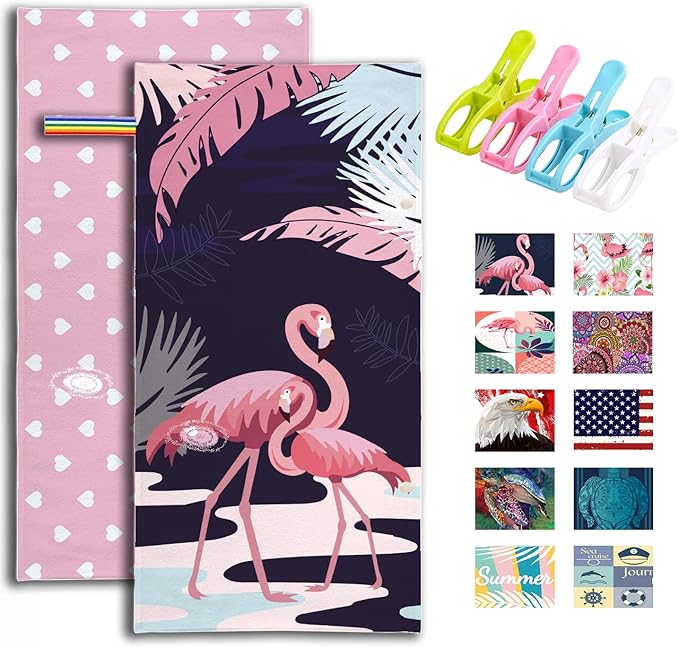 Geduazga Adults Oversized Sand Free Beach Towel 70 x 30 Women Flamingo Quick Dry