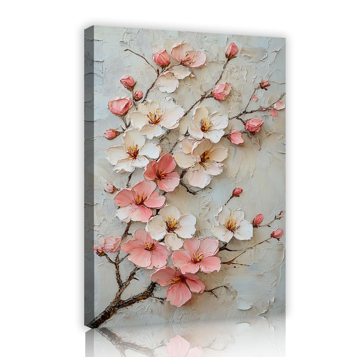 TOANGWALL Pink White Flowers Canvas Wall Art Blossom Cherry Tree Branch Painting Light Beige Mural Pictures Artwork Modern Framed Poster Prints For Bedroom Guest Room Decor 75x115cm