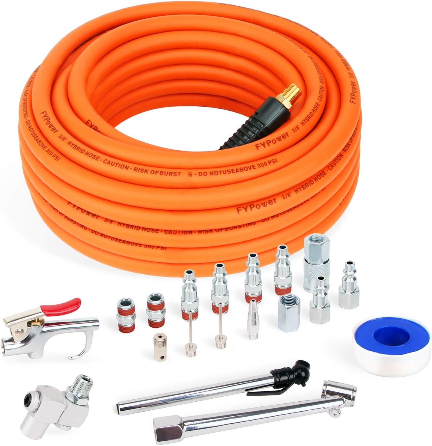 20 Pieces Air Compressor Accessories kit, 3/8 inch x 50 ft Hybrid Air Compressor Hose Kit, 1/4" NPT Quick Connect Air Fittings, Tire Gauge, Chuck, Blow Gun, Swivel Plugs