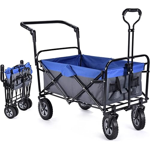 Wagons Carts Heavy Duty Foldable: Collapsible Wagon, All Terrain Wheels, 100L, 220 lbs Capacity, Utility Wagon with Push Pull Outdoor Garden Cart Foldable Wagon for Grocery, Camping, Shopping,Sports