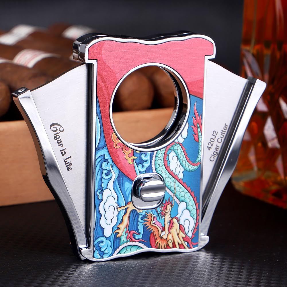 KEENSUN-Zinc Alloy Guillotine Stainless Steel Double Blade Dragon-Patterned Cigar Cutter with One Push Lock System,60 Ring Gauge,420J2 Stainless Steel Scalloped Cutting Blade with Gift Box - Image 3