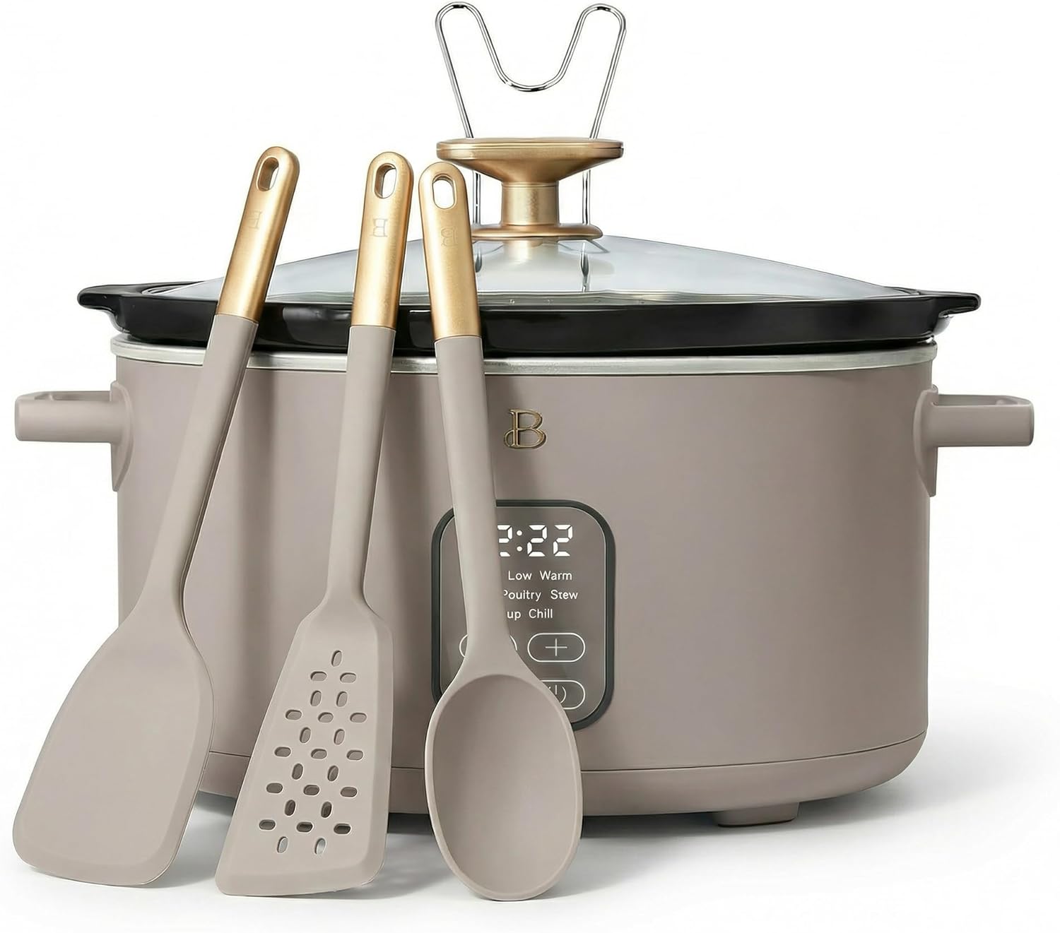 Slow Cooker 6 Quart Black Sesame Programmable with Timer, Family Size Slow Cookers with Preset Functions, with 3-Piece Silicone Kitchen Utensil Tool Set (Black Sesame)