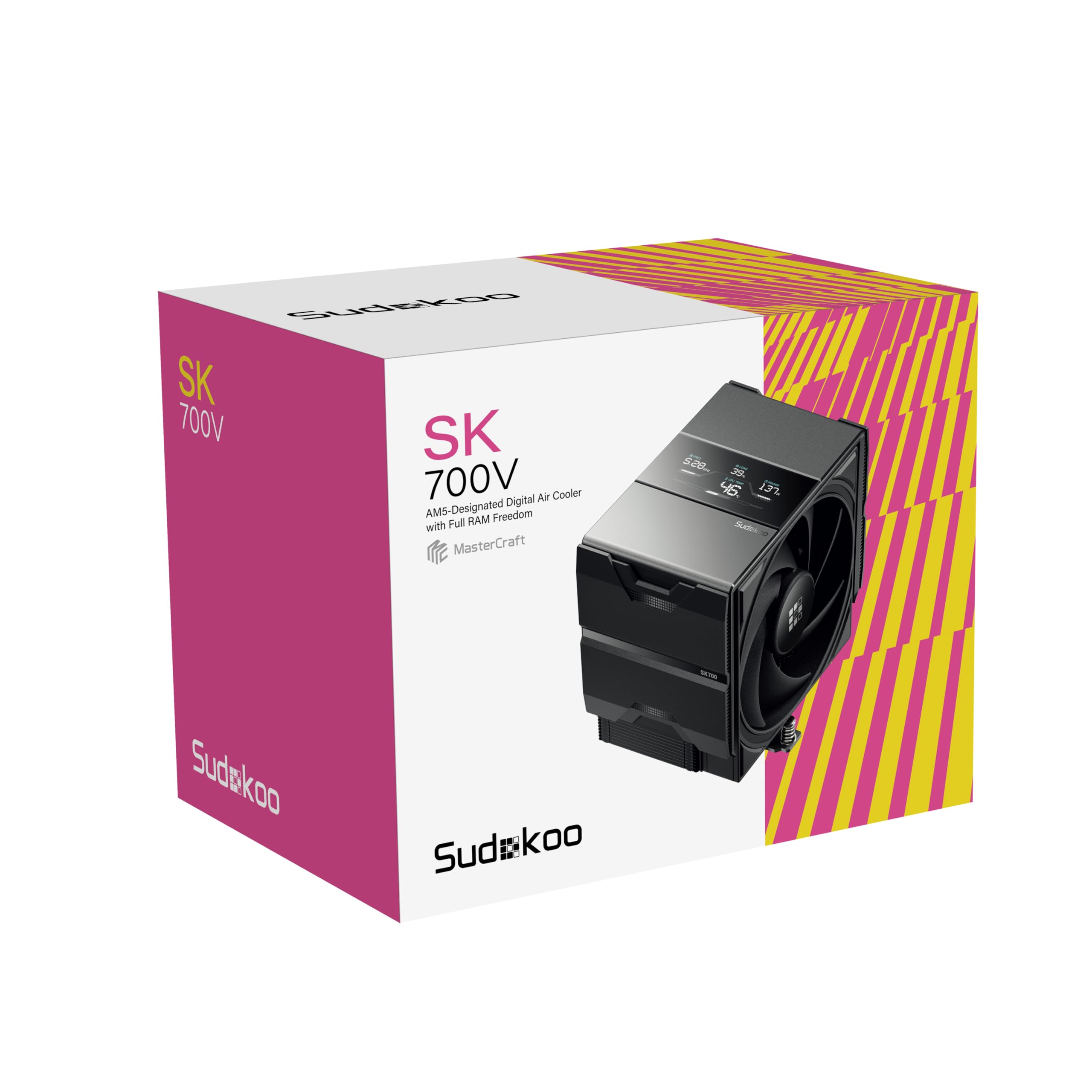 Sudokoo SK700V AM5-designierter digitaler Luftkühler, Einzelturm-Design, Hochleistungs-M-Wickeltechnik-Lüfter, 7 Kupfer-Wärmerohre, L-Schienenverriegelung, 220 W Wärmeableitung
