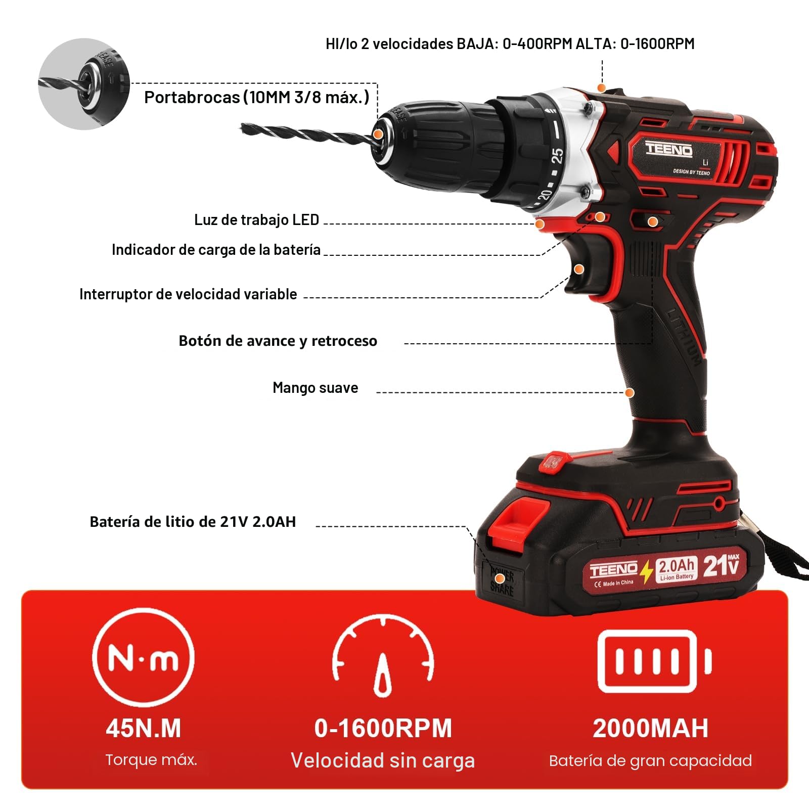 TEENO Taladro Atornillador Inalámbrico para Batería Makita de 21V 2 * 2,0 Ah Baterías,con Cepillo Antióxido de Metal, 45 Nm,25+1 Configuraciones de Par, 2 Velocidades, LED, 31 Accesorios y Maletín