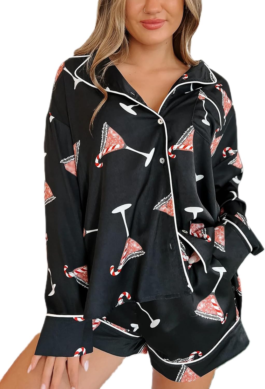 Women Christmas Silk Pajamas Set Pjs Satin Long Sleeve Santa Button Up Top and Shorts 2 Piece Lounge Sleep Outfits