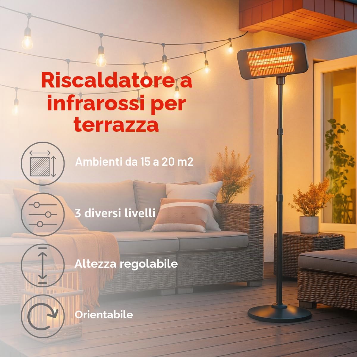 alpina Riscaldamento a infrarossi, riscaldatore per terrazze, 2000 W, 3 livelli di riscaldamento, resistente agli spruzzi, IP24, con lampada a infrarossi, riscaldatore per terrazze, radiatori