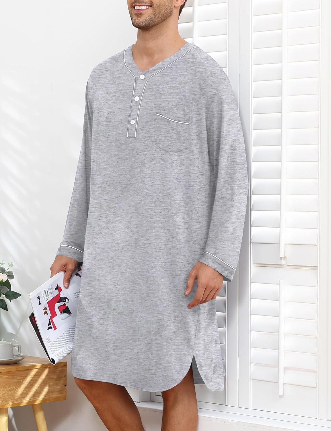 SWOMOG Men's Nightshirt Long Sleeve Nightgown Soft Loose Sleepwear Lightweight Nightwear Comfy Henley Sleep Shirt M-3XL - Image 3
