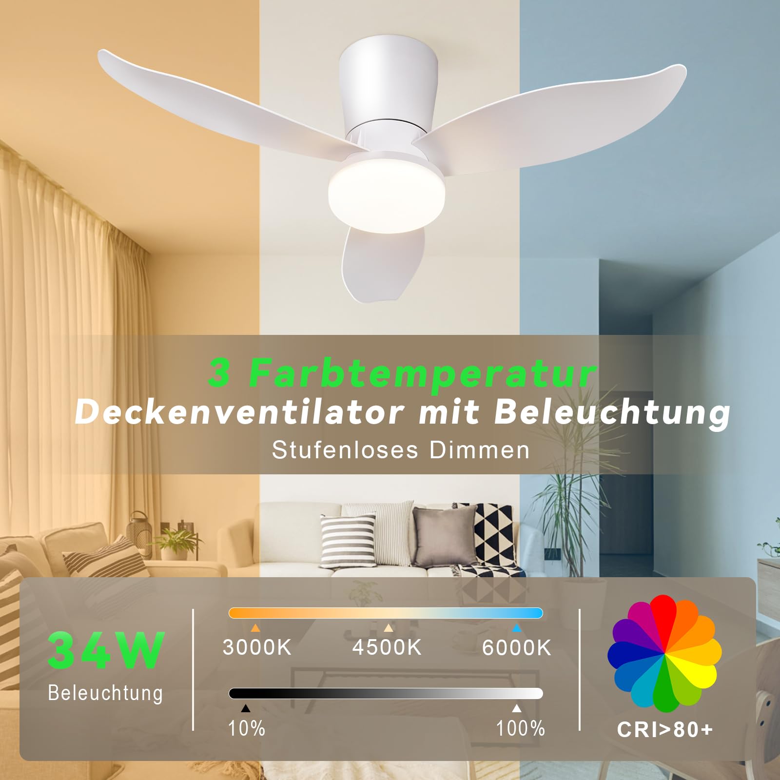 Homefire Ventilador de techo luz - Ventilador de techo silencioso de 3 aspas con luz, blanco, brillo ajustable, 6 velocidades, control remoto Lámpara de techo para dormitorio o cocina