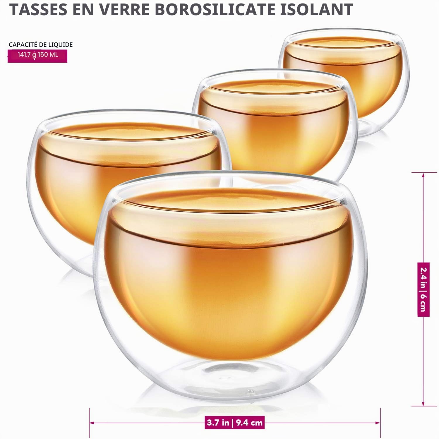 Teabloom Théière en verre compatible avec la cuisinière avec infuseur amovible (1200 ml) et quatre tasses en verre à double paroi (150 ml) – Service à thé Classica