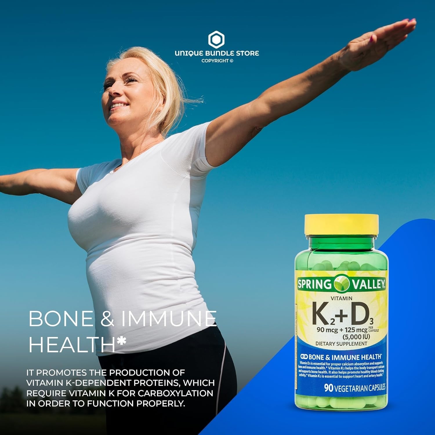Vitamin D3 K2 5000 IU – 90 Vegetarian Capsules, High Potency D3 with K2 Supplement, Vitamina D3 con K2, Formula for Bone and Immune Support (Pack of 1)