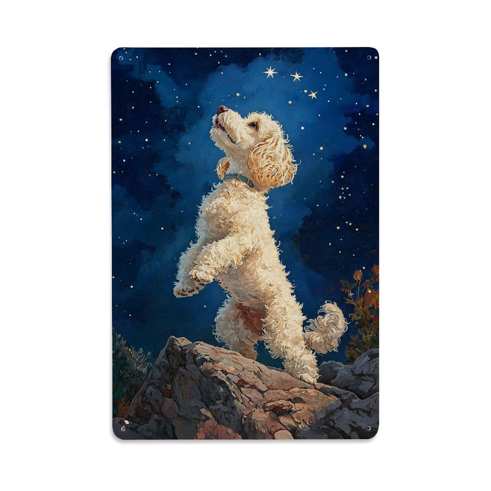 Starry Night Dog Standing Rock Retro Metal Tin Sign, Vintage Decor Art Poster for Bar, Home, Man Cave, Kitchen, Laundry Room Gift 8x12Inch