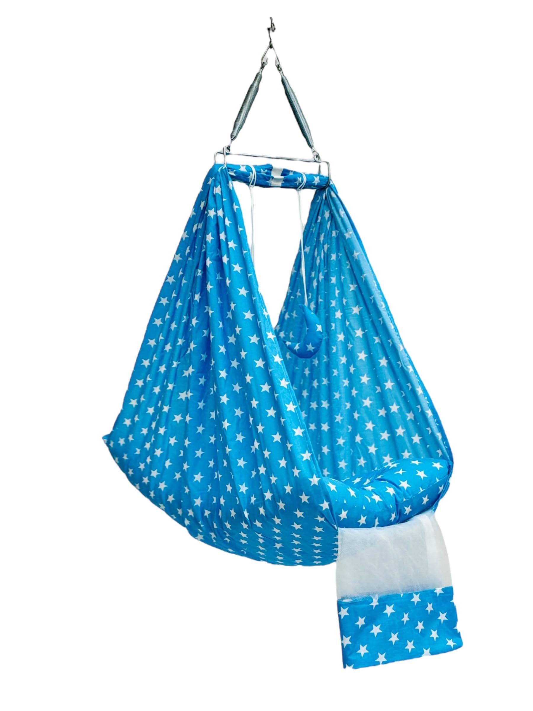 Cradle (Jhula) with Spring, Hanger, Mosquito Net and Cradle Cloth (Combo Blue)