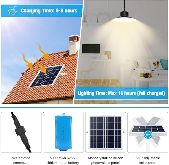 NIORSUN Solar Lights Outdoor, LED Solar Pendant Light 3000K|4000K|5000K| Dimmable Lighting with Remote Control, 16.4ft Cable IP66 Waterproof for Patio, Garage, Camp, Chicken Coop, Shed Barn
