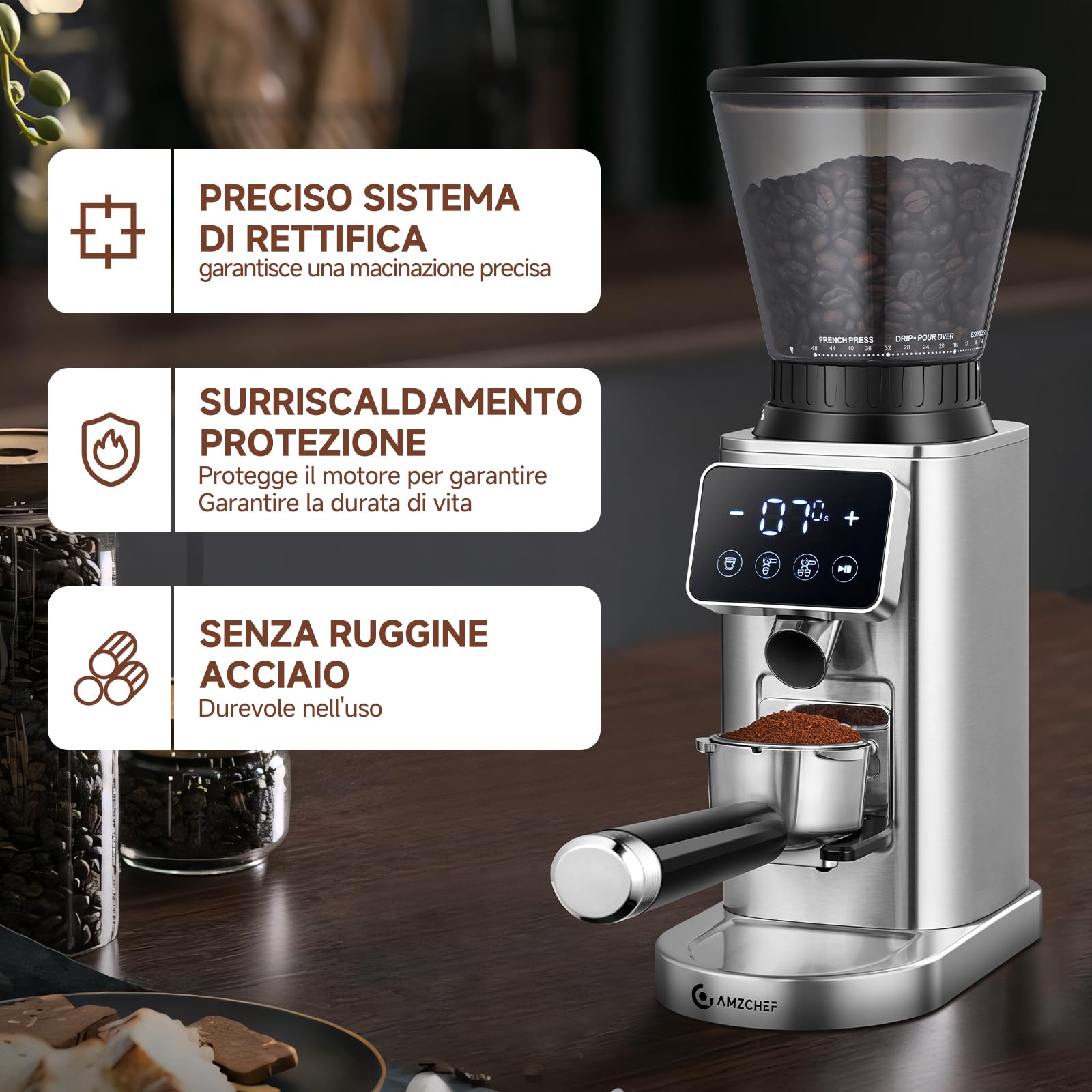 AMZCHEF Macinacaffè Elettrico con 48 Livelli di Macinatura, Macine Coniche, Sistema Antistatico, Display LCD Touch, Contenitore Chicchi 300 g, per Espresso, Caffè Filtro e French Press