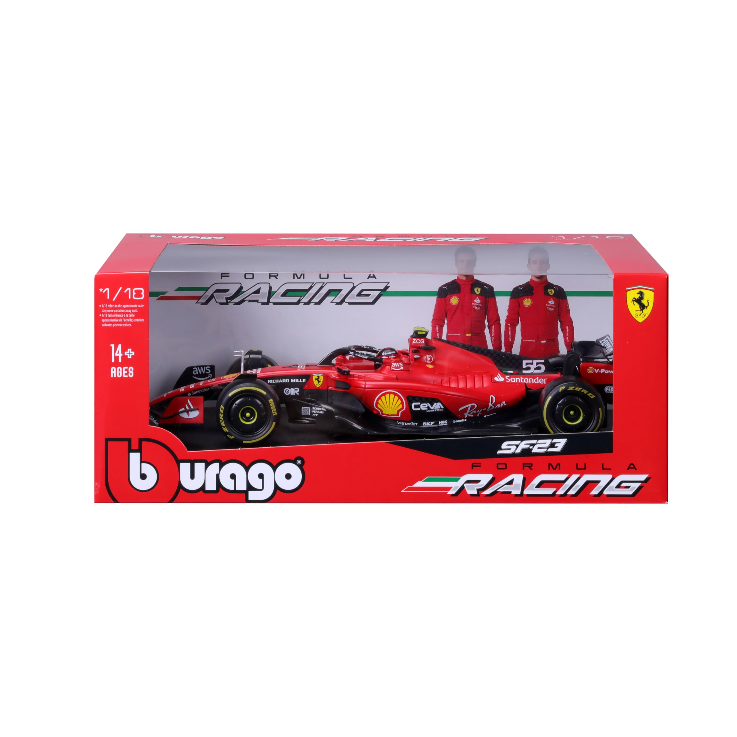 Bburago Formel 1 Ferrari SF-23 (2023): Modellauto im Maßstab 1:18, von Fahrer #55 Carlos Sainz, Window Box, 34,6 cm, rot (18-16812S)