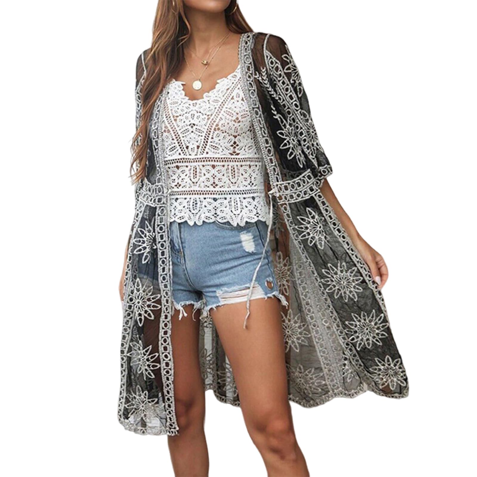 Kimono de playa para mujer, con frente abierto, diseño de flores, traje de baño suelto