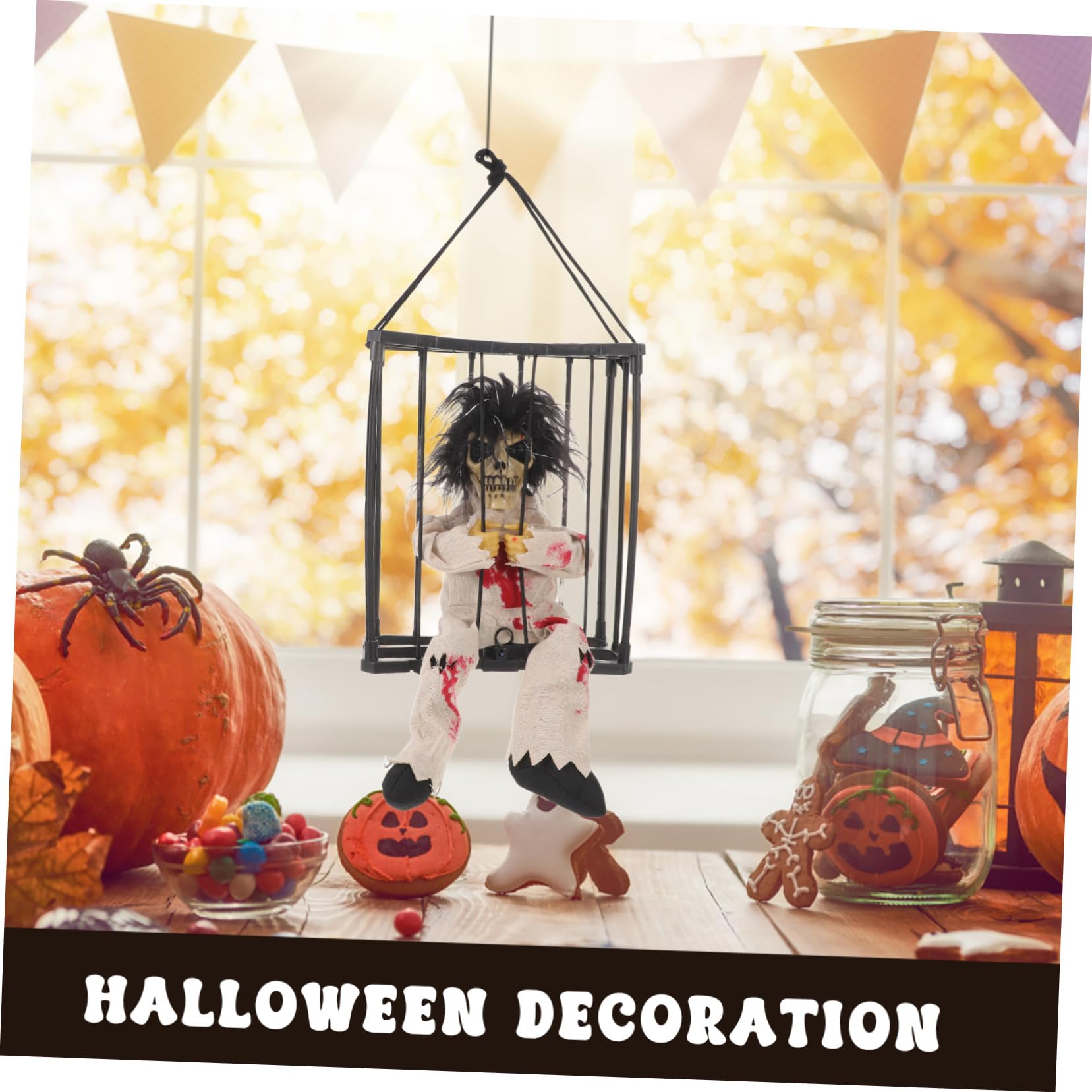 Lurrose Decorazione Halloween Gabbia Fantasma Animato con Occhi Luminosi e Stampa Leopardo Addobbo Spaventoso per Interni ed Esterni Decorazione Riutilizzabile per Feste e Casa