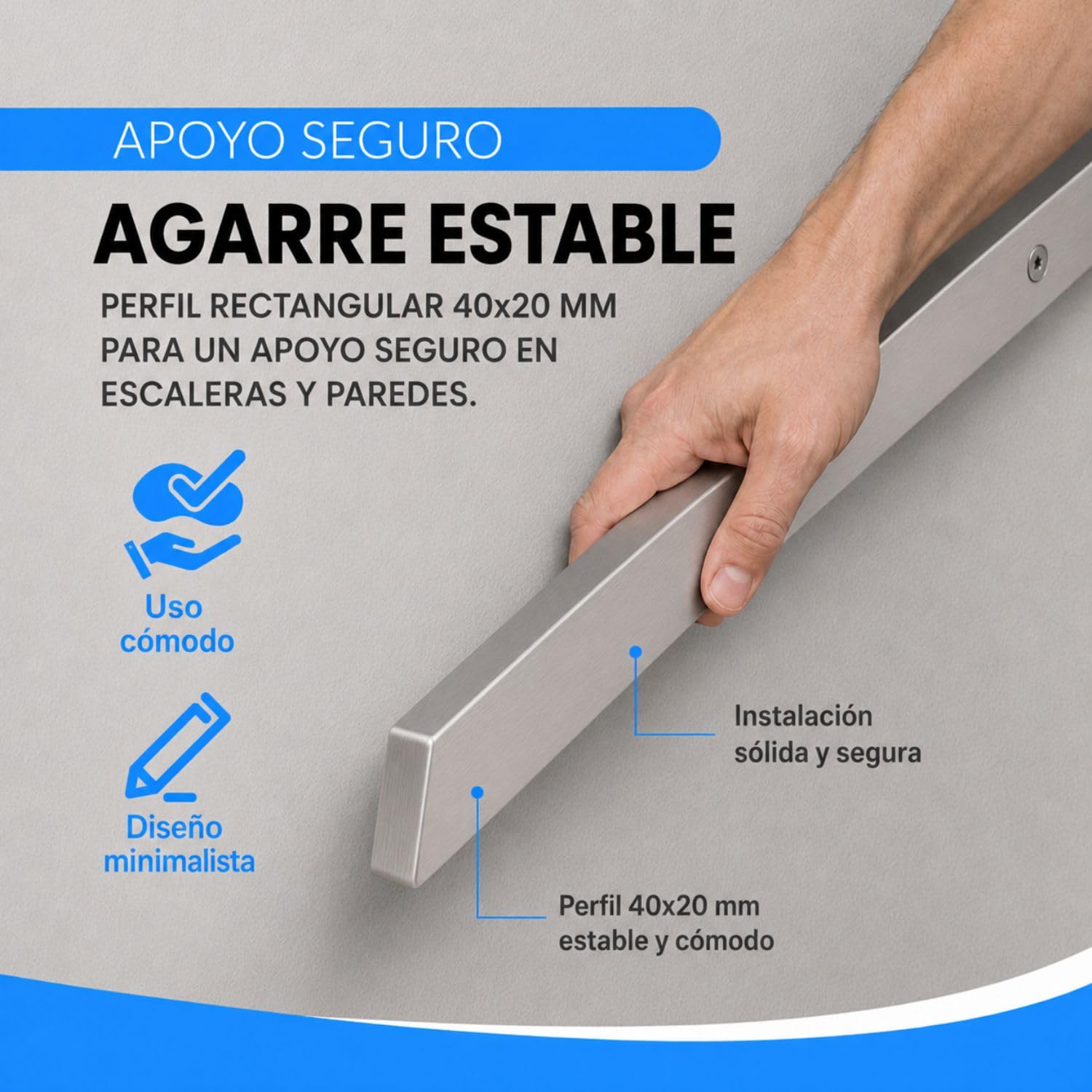 Pasamanos rectangular de acero inoxidable, 40 x 20 mm, gris
