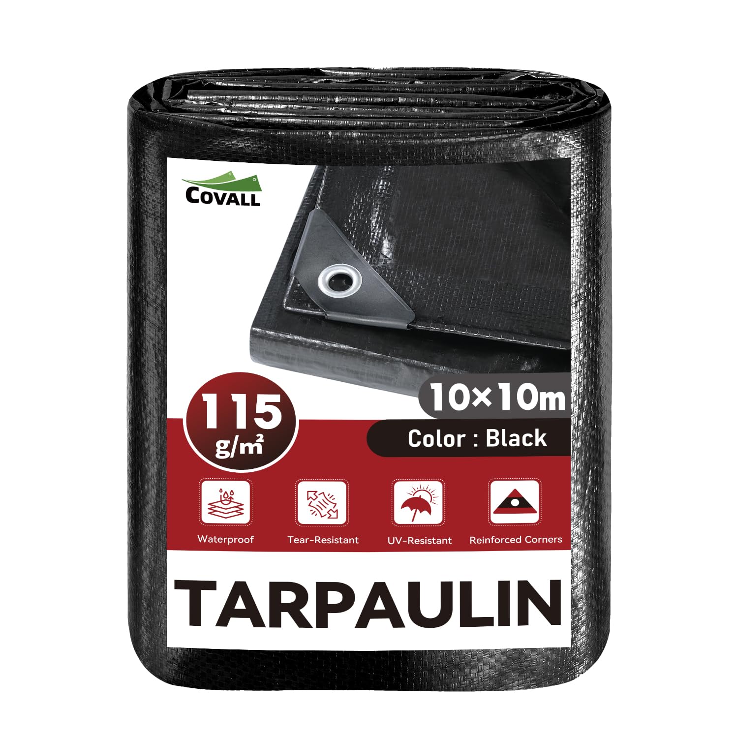 Covall Large Tarpaulin 10m x 10m Black Tarpaulin Waterproof Heavy Duty 115GSM Plastic Sheeting-UV&Tear Resistant,Outdoor Covers Waterproof For Shelter,Camping,Garden,Wood,Trampoline Cover