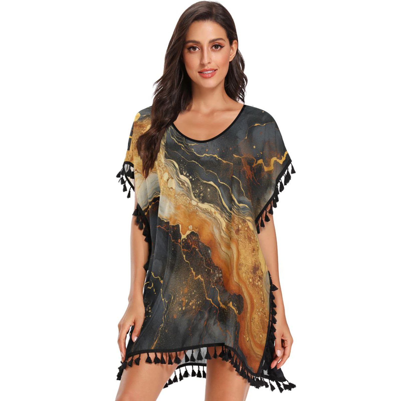 Gold Marble Black Art Women's Beach Cover Up Chiffon Tassel Swimwear Swimsuit Coverups for Girl