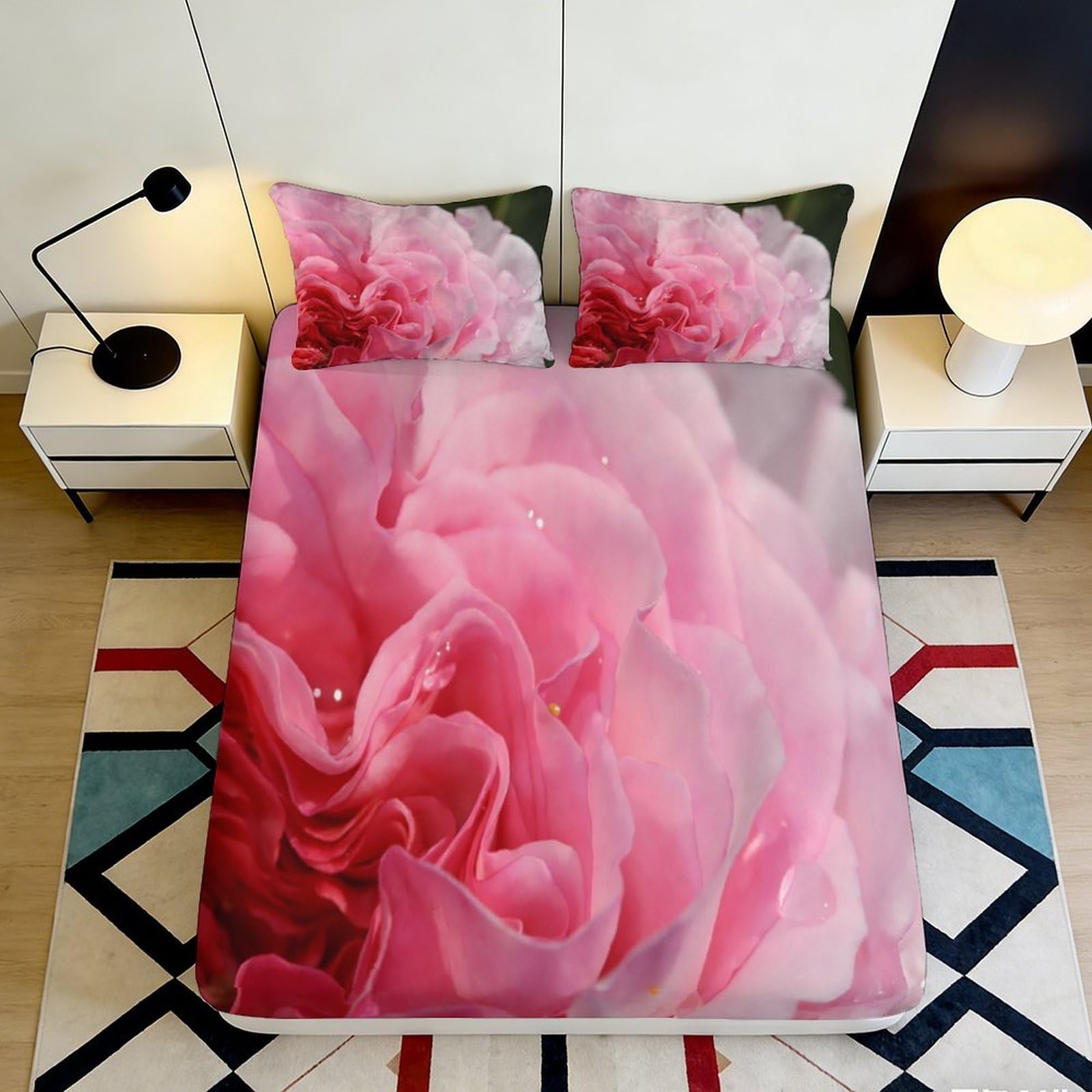 Jqzkxnhpbr Style-9 3D Printed Pink Rose Fitted Sheet Microfiber Soft Floral Bedroom Decor Peony Bed Cover For Home Guest Room 90X200x25cm