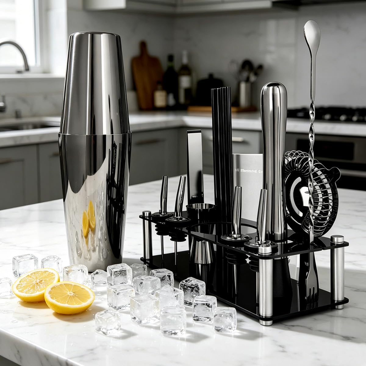 Set professionale per cocktail con supporto per ricette per cocktail, 15 pezzi, 750/600 ml, kit da barista, set da barista, set di strumenti da bar Boston da 25/20 once, jigger, pestello (nero)