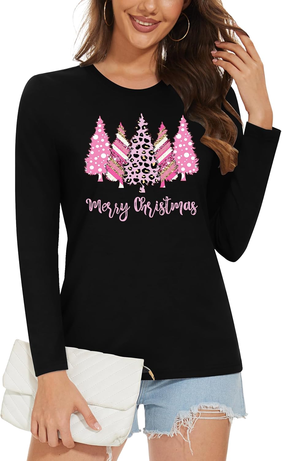 Christmas Shirts for Women: Merry Christmas Letter Print T-Shirts Xmas Tree Graphic Long Sleeve Tops - Image 4