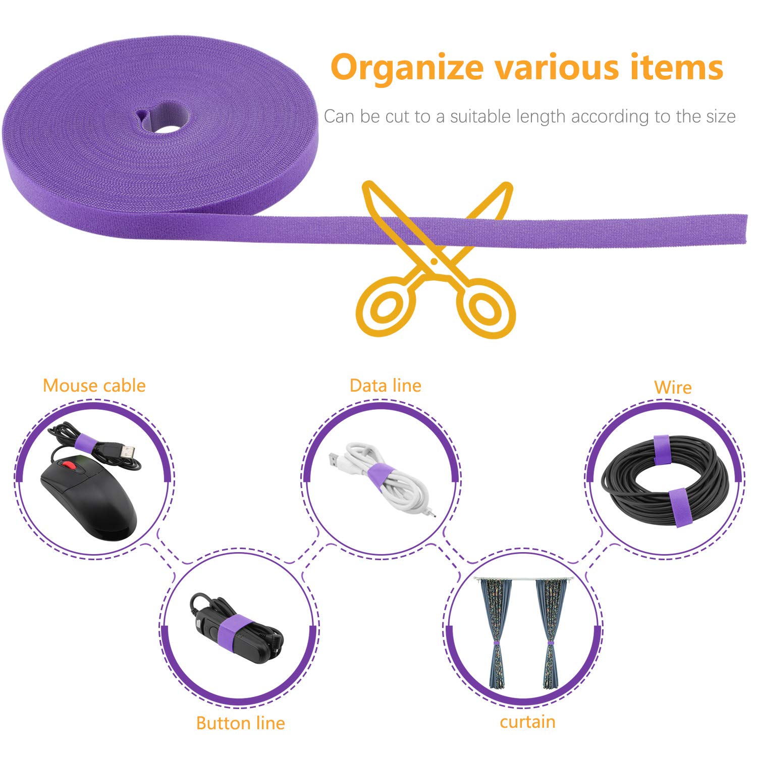 Cinta de sujeción reutilizable, organizador de cables, rollo de gancho de doble cara de 3/4 pulgadas (25 yardas, morado)