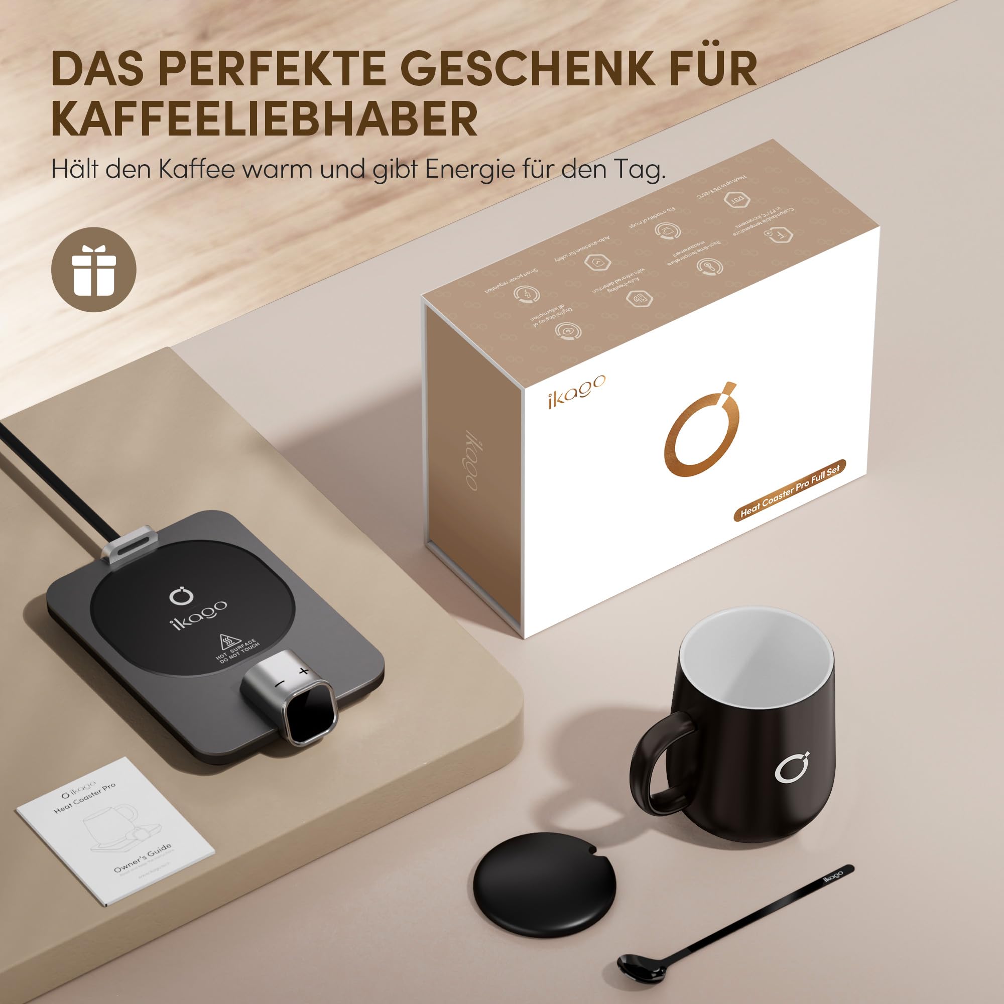 Elektrischer Tassenwärmer Set mit 1 °C Temperaturregelung und Echtzeit-Temperaturanzeige, automatischer Abschaltung, Kaffeewärmer für Schreibtisch & Büro – praktische Geschenkidee, Schwarz