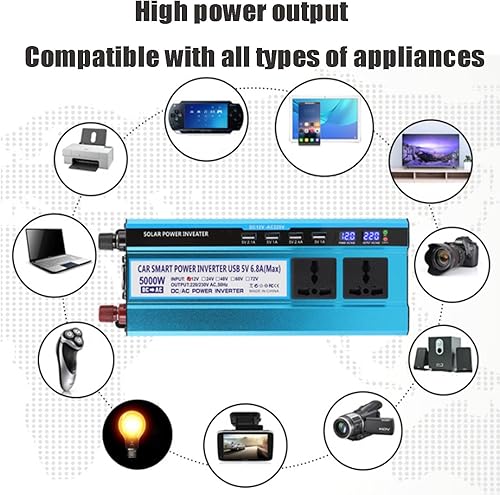 Miniatura 7 de Inversor de alta potencia de 5000 W DC 12V24V48V60V a 220V110V Convertidor de inversor 3 AC enchufes universales 4 USB con pantalla LED, 48 V 220 V