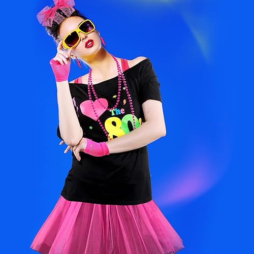 Miniatura 5 de I Love The 80s Disco 80s Disfraz de los años 80 con hombros descubiertos camiseta sin mangas diadema aretes collar calentadores de piernas guantes