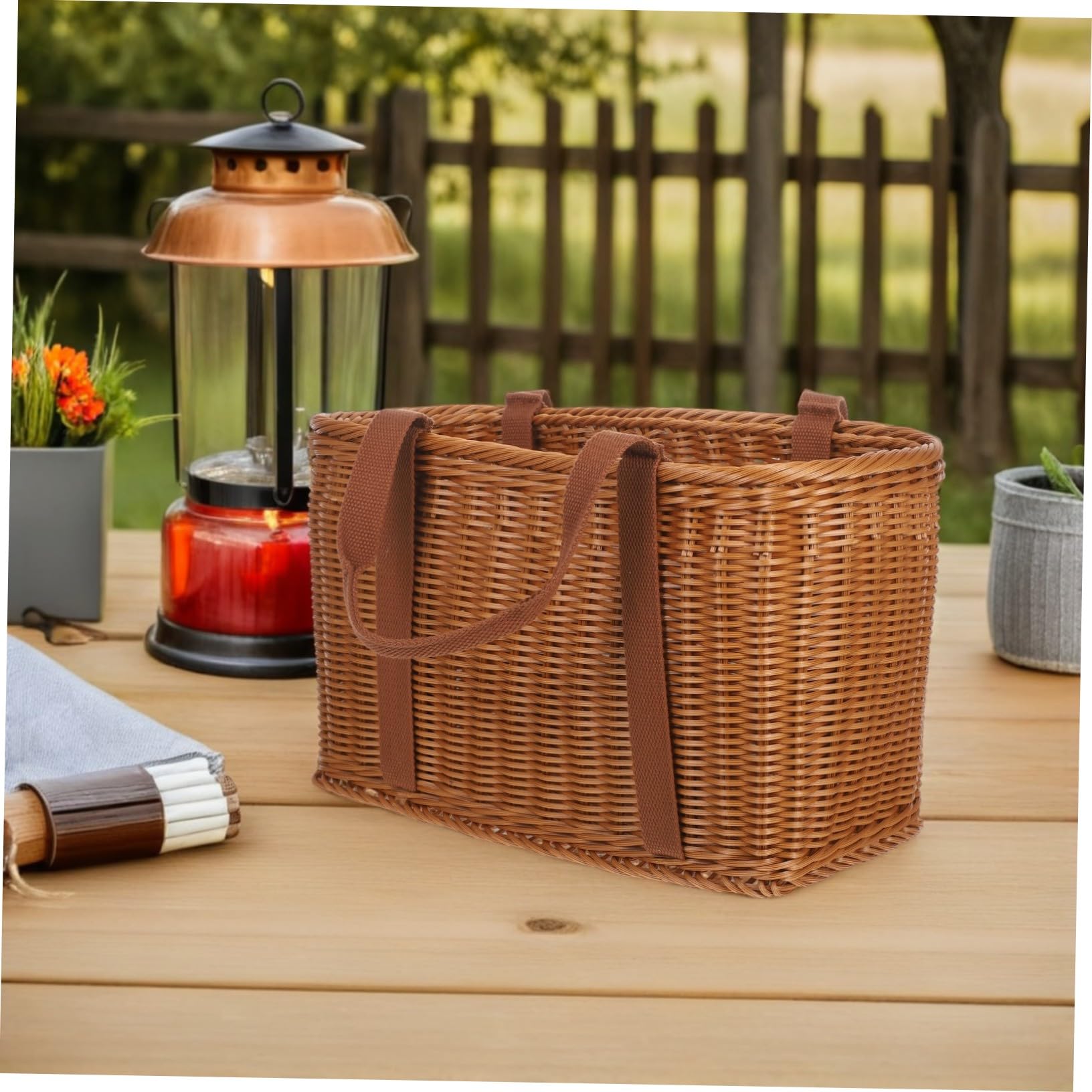 HANABASS Handgewebter Rechteckiger Einkaufskorb mit Ergonomischem Griff Leichter Mehrzweckkorb aus Kunststoff und Stoff Großer Obst Gemüsekorb für Picknick Strand Blumenarrangements und
