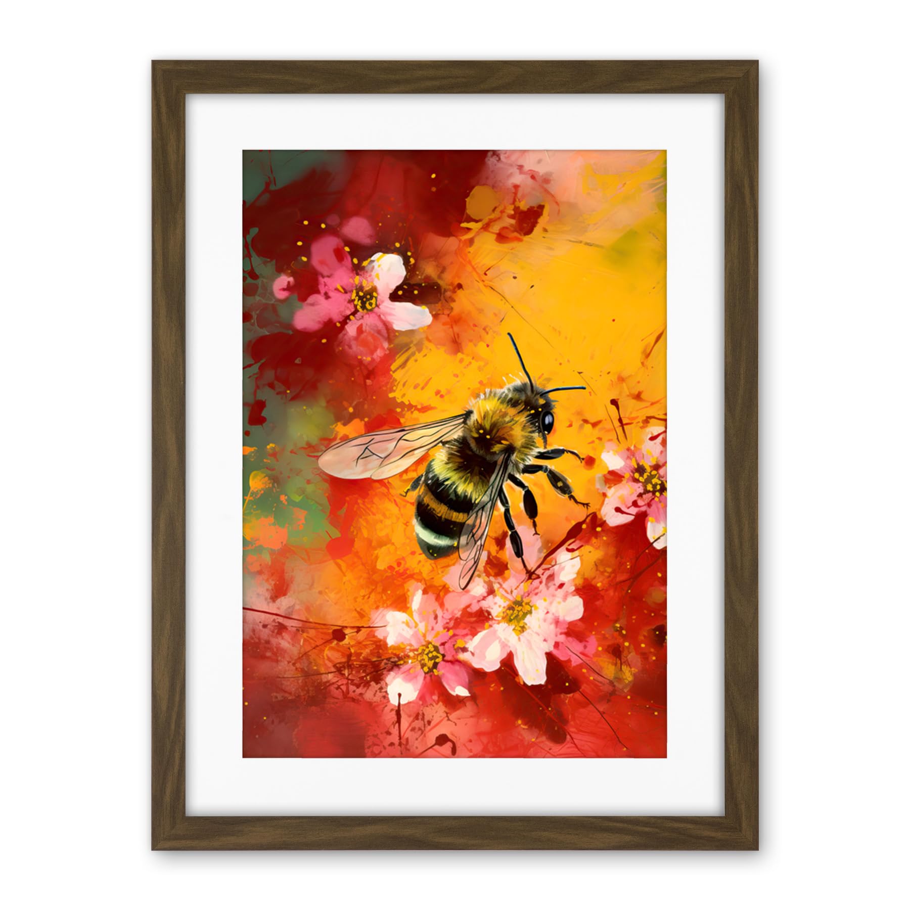 Artery8 Honey Bee on Abstract Flower Bed Oil Painting Artwork Framed Wall Art Print 18X24 Inch