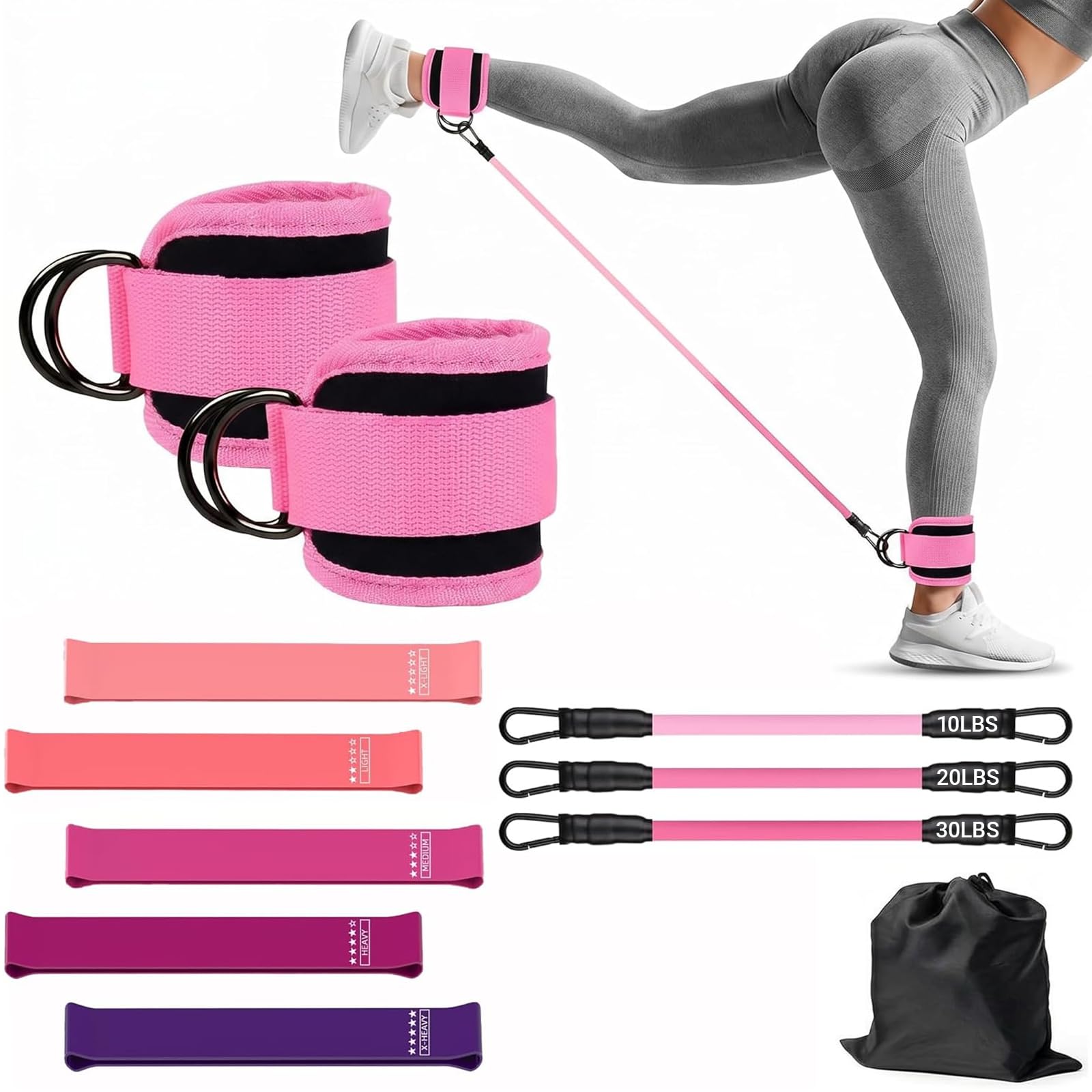 Resistance Bands Set with Ankle Cuffs for Women, Leg Bands & Pink Resistance Bands, Weights for Women and Bands for Glute & Leg Workout, Home Gym, Pilates, Yoga & Rehab Training