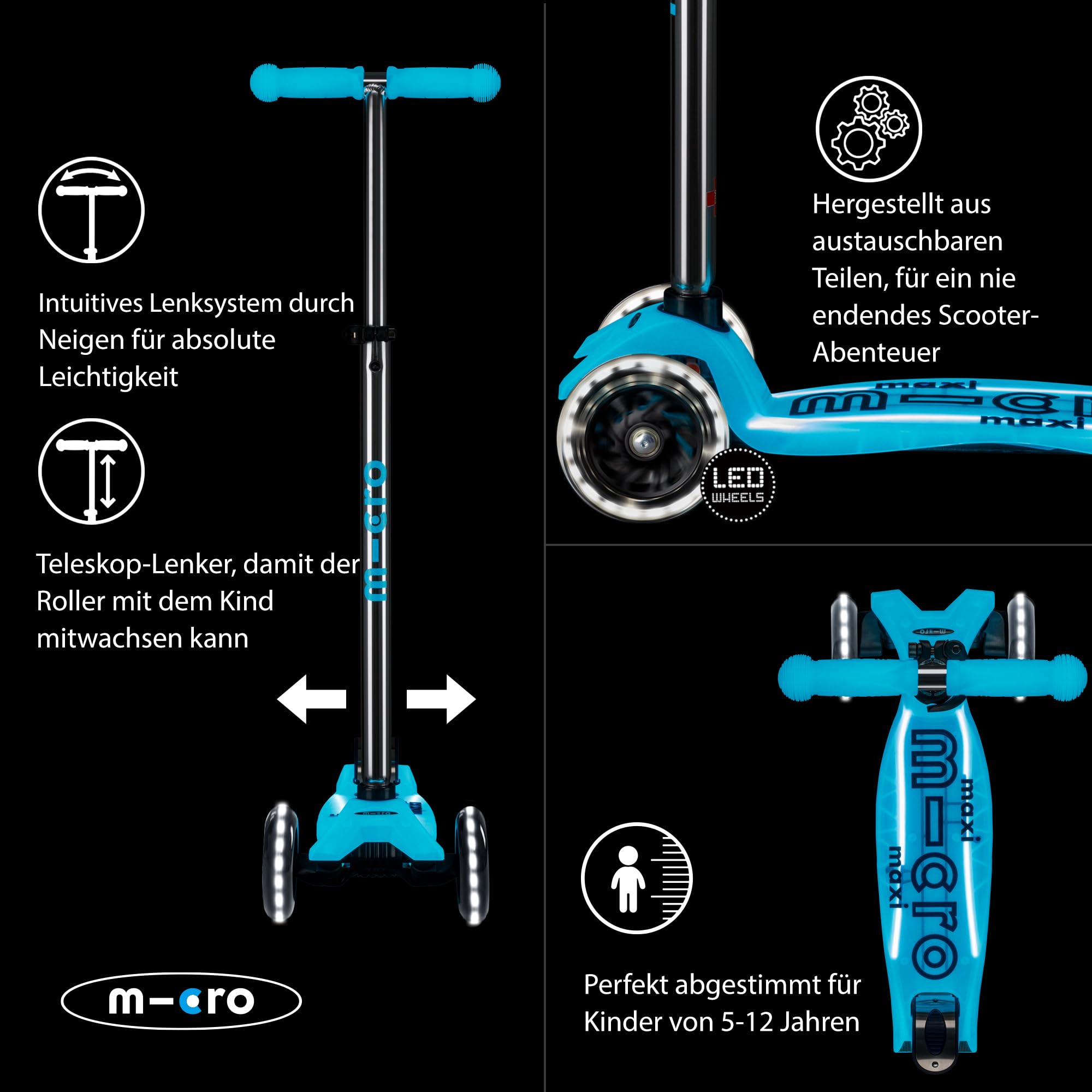 micro™ Maxi micro Deluxe Glow LED Plus | Höhenverstellbar | Das ORIGINAL | Kinderroller ab 5 Jahre | Inklusive LED Rollen & Deck und Tragegurt | Jungs & Mädchen 5-10 Jahre