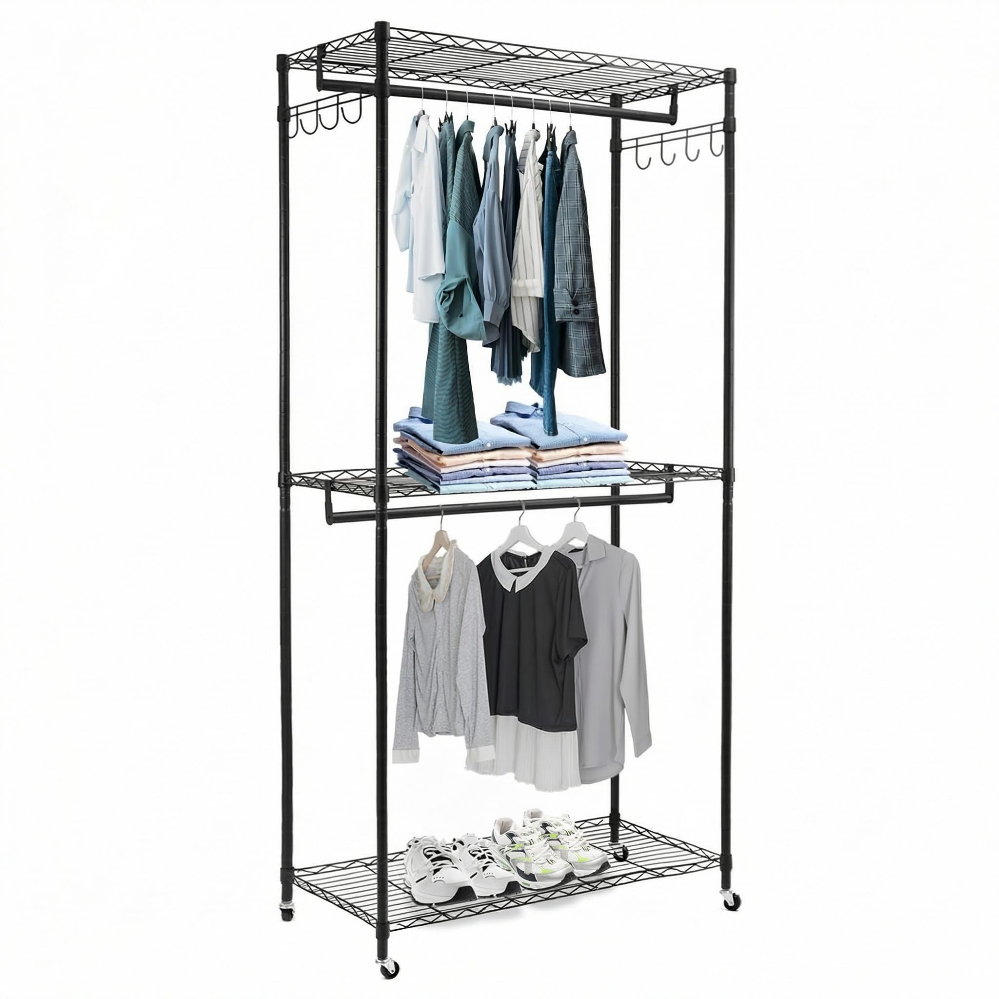 QWORK® Perchero resistente de doble barra con estantes ajustables, ruedas bloqueables y ganchos, 90 x 43.5 x 180 cm