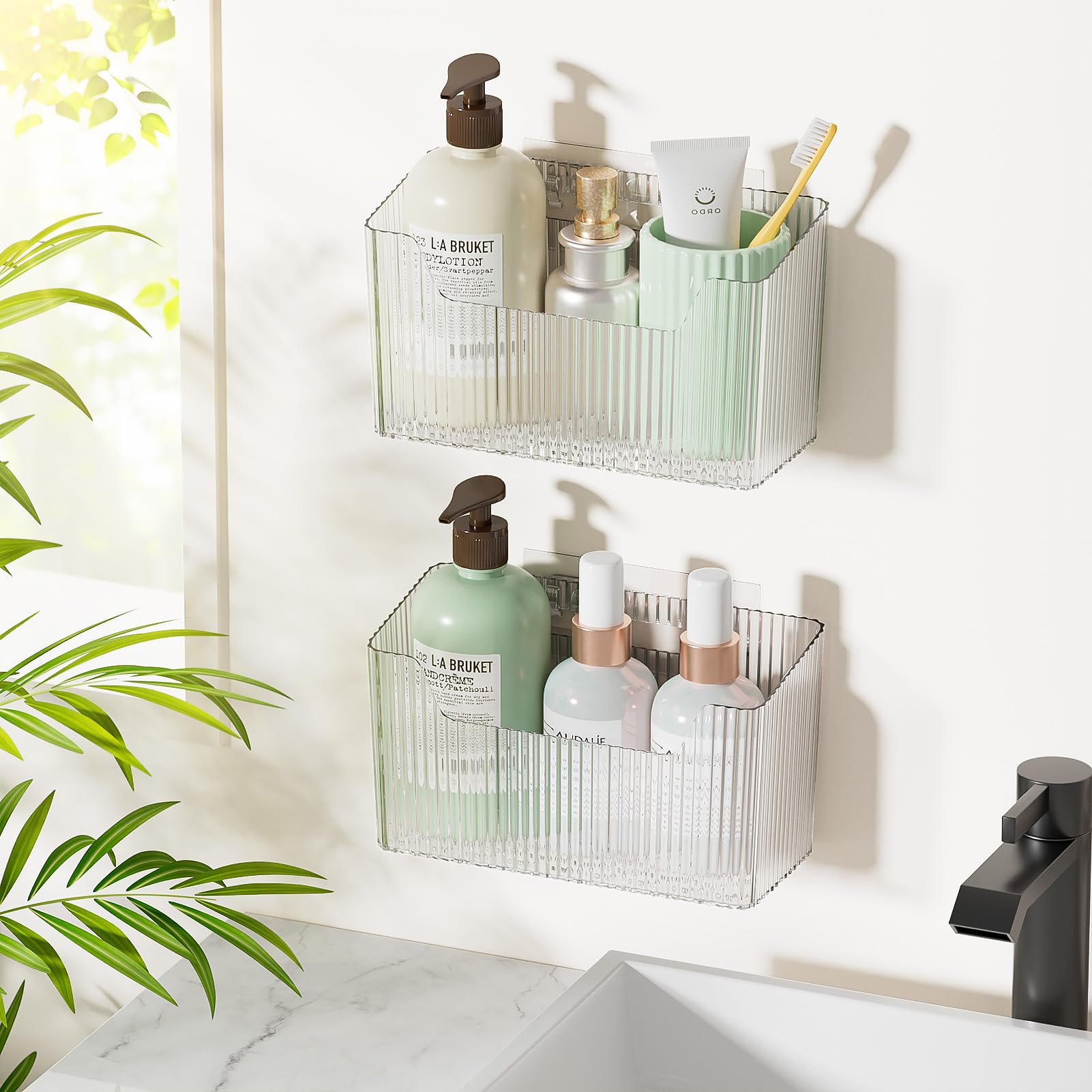 2 Pack Adhesive Storage Cabinet Door Caddy Organizer Stackable Clear Plastic Storage Organizer Adhesive Hanging Bin for Bathroom