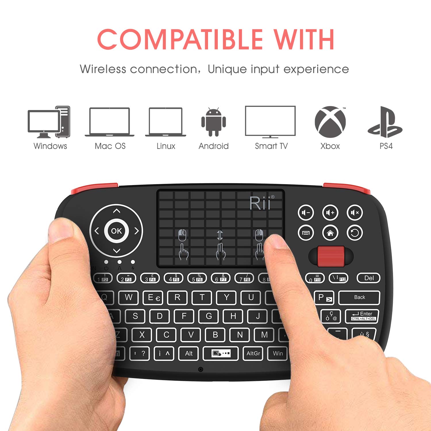 Rii Mini i4 Wireless + Bluetooth (layout ITALIANO) - Mini tastiera retroilluminata con touchpad compatibile con Smart TV, TV Box, Tablet, Smartphone, Console, PC, Fire TV, Raspberry