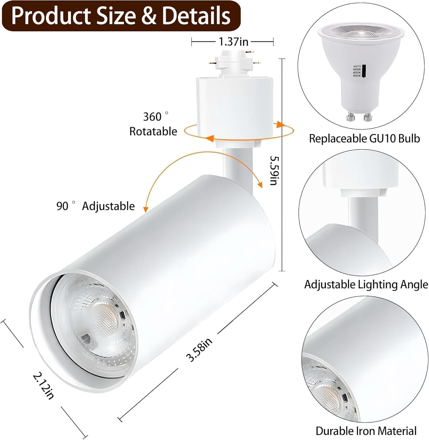 Plug in 3CCT White Track Lighting Complete Kit with 2*3.28FT H Track Light Rails and 120V 6x10W GU10Track Lighting Heads Brightness Dimmable Ceiling Spotlight Fixture for Accent Illumination