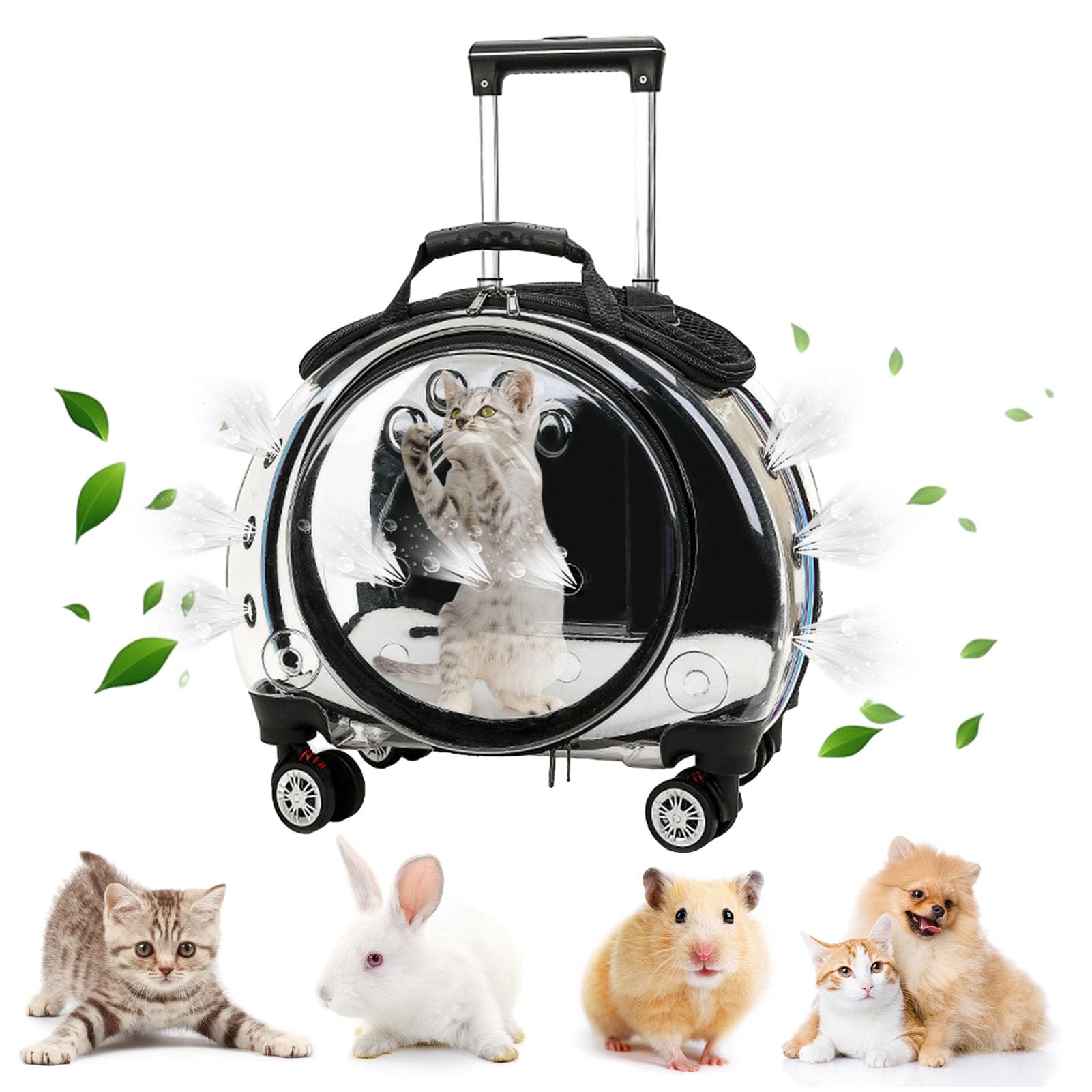 pofluany Transparent & Fully Breathable Pet Carrier Backpack Transparent Bubble Pet Carrier with Trolley Wheels for Dogs, Cats, Parrots or Bunnies, Pet Strollers for Small Dogs Black